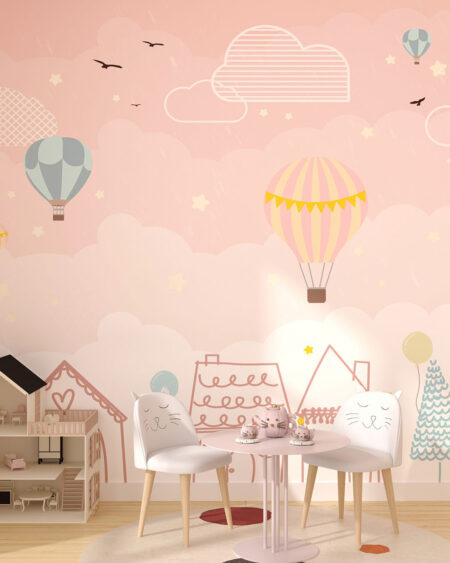 Фотообои с воздушными шарами на декоративном фоне в розовых тонах в детской