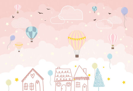 Детские обои с воздушными шарами на декоративном фоне в розовых тонах