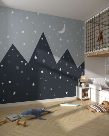 Фотообои горы с треугольными вершинами украшены звездами и полумесяцем в детской