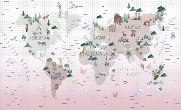 Дизайнерські фотошпалери дитяча карта світу з різними тематичними тваринами на декоративному фоні