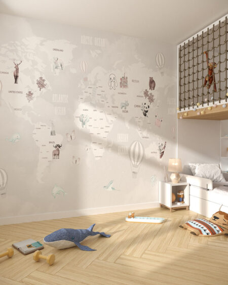 Дитячі фотошпалери дизайнерська карта світу з малюнками та іншими декоративними ілюстраціями в дитячій кімнаті