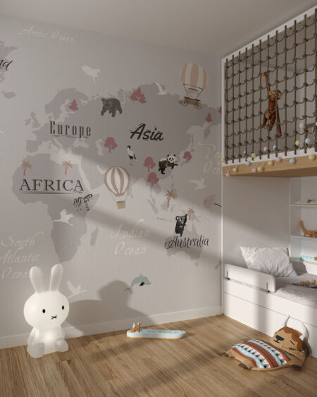 Сучасні фотошпалери дизайнерська карта світу сірого кольору, прикрашена декоративними ілюстраціями в дитячій кімнаті