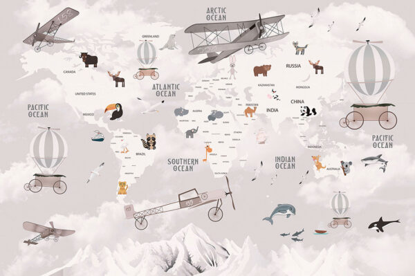 Дизайнерські фотошпалери карта світу у сірих відтінках з ілюстраціями гір, різних живтоних та літаків з кулями