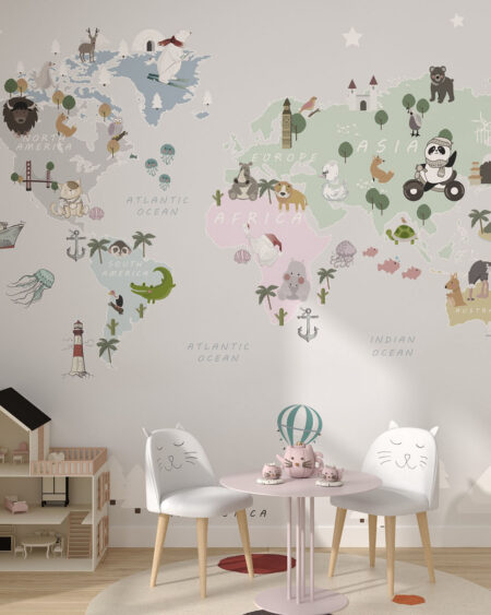 Дитячі фотошпалери дизайнерська карта світу з малюнками чарівних тварин та іншими ілюстраціями у дитячій кімнаті