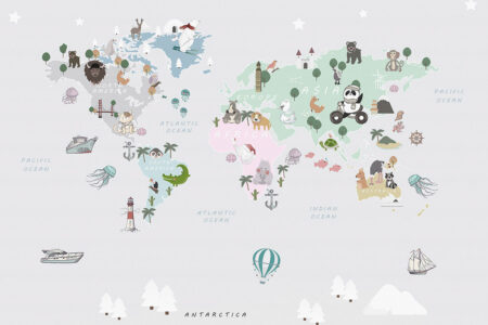 Дитячі фотошпалери дизайнерська карта світу з малюнками чарівних тварин та іншими ілюстраціями