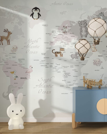 Дитячі фотошпалери дизайнерська карта світу з різними милими звірятками у дитячій кімнаті