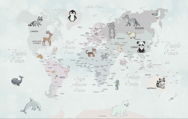 Дитячі фотошпалери дизайнерська карта світу з різними милими звірятками