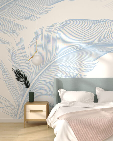 Фотообои перья голубого цвета в графическом стиле на белом фоне в спальне