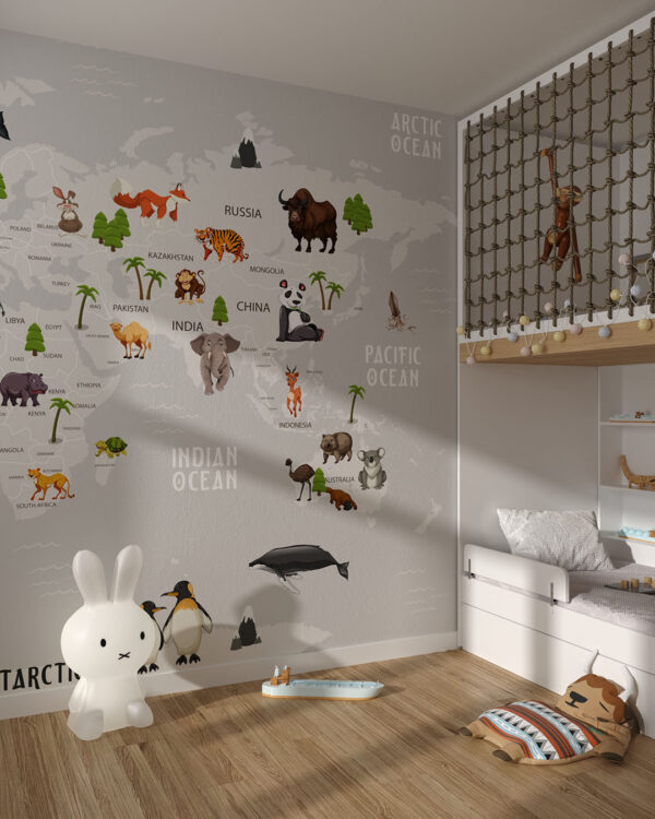 Дизайнерські фотошпалери дитяча карта світу з різними тематичними тваринами, птахами та морськими жителями у дитячій кімнаті