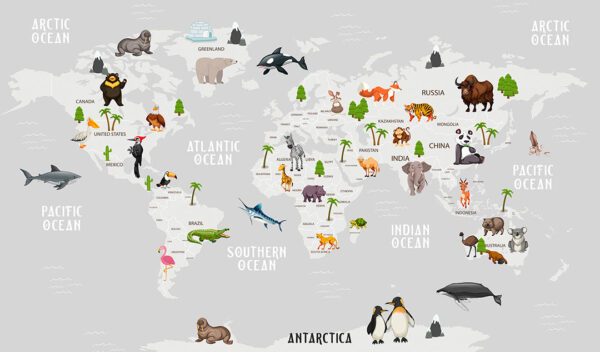 Дизайнерські фотошпалери дитяча карта світу з різними тематичними тваринами, птахами та морськими жителями