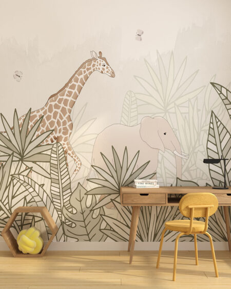 Обои жираф и слон в джунглях в графическом стиле в детской