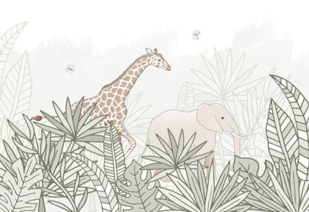 Обои жираф и слон в джунглях в графическом стиле