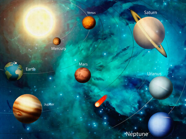 Дизайнерские фотообои планеты солнечной системы с названиями на фоне бирюзово-синего космического пространства