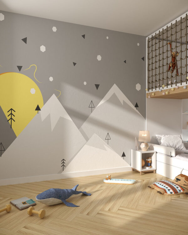 Фотошпалери гори у графічному стилі з геометрією у сірих тонах у дитячій кімнаті