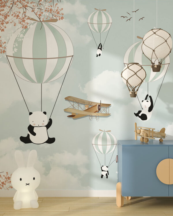Обои панды на воздушных шарах на фоне неба с самолетами в детской