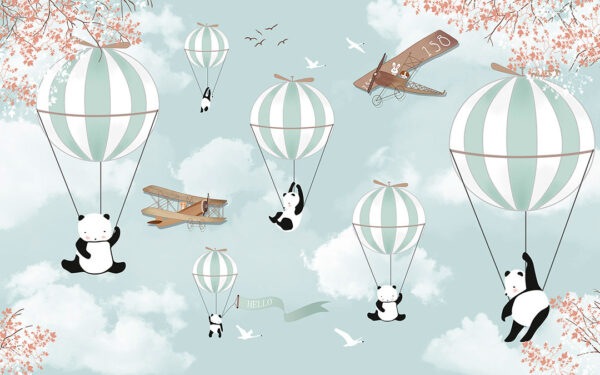 Обои панды на воздушных шарах на фоне неба с самолетами