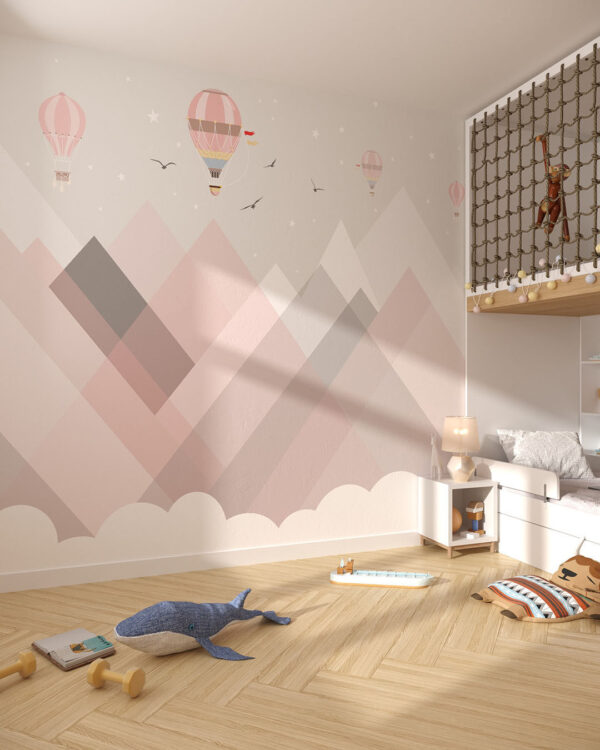 Обои геометрические горы в форме треугольников с воздушные шары в детской комнате