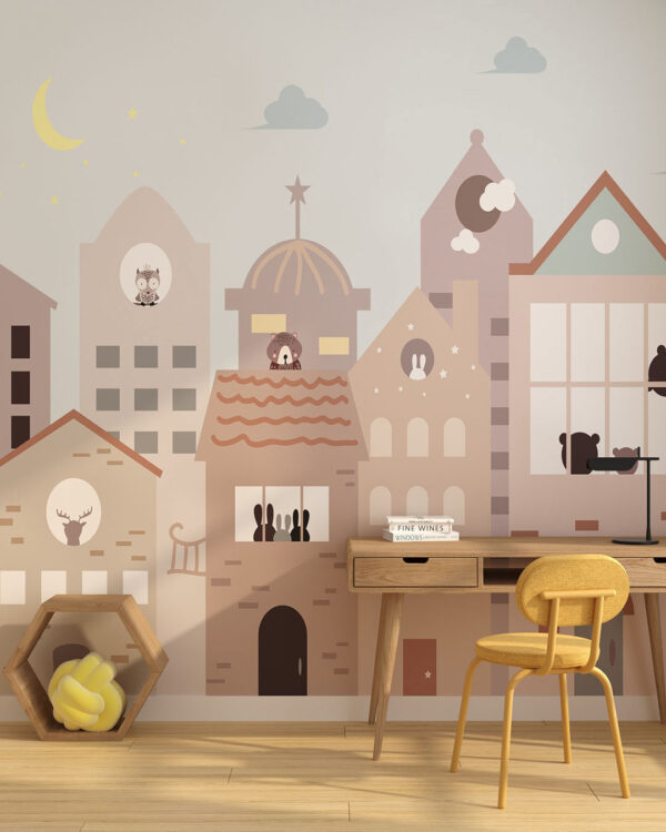Фотошпалери будиночки з тваринками у графічному стилі у дитячій кімнаті