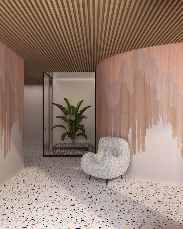 Фотообои текстура мазков краски градиент в персиковых тонах в гостиной