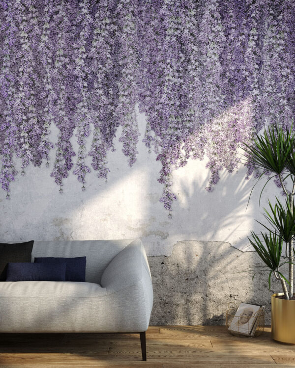 Дизайнерські фотошпалери фіолетові квіти гліцинії на бетонному тлі у вітальню