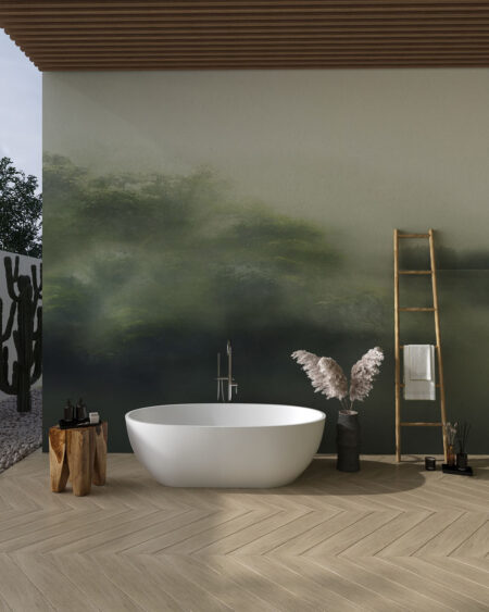 Фотошпалери для ванної з розмитим зображенням зеленого лісу та озера