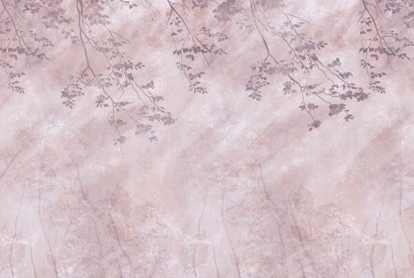 Дизайнерські шпалери гілки з листям на декоративному тлі у рожевих тонах