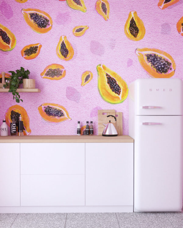 Обои паттерн с фруктами папайя на розовом фоне на кухне