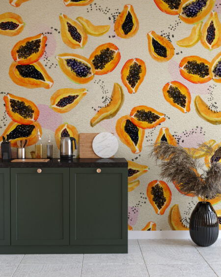 Шпалери паттерн з фруктами папайя у графічному стилі на кухні