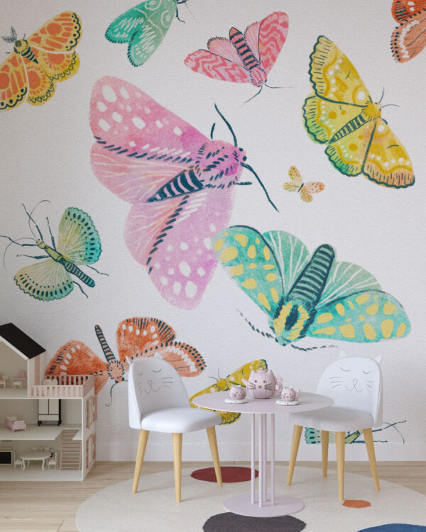 Фотообои бабочки в красочных тонах на светлом фоне в детской
