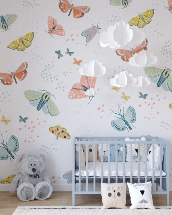 Фотошпалери метелики різнокольорові паттерн на світлому тлі у дитячій кімнаті