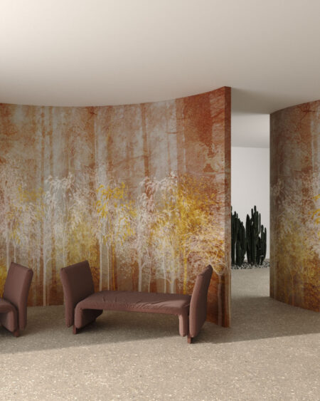 Дизайнерські шпалери з відбитками сірих та золотих дерев у вітальні