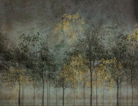 Дизайнерские обои лес с изображением золотых и темных силуэтов тонких деревьев на текстуре в серо-зеленых оттенках
