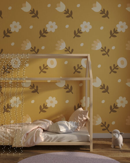 Дизайнерські шпалери білі квіти паттерн на гірчичному тлі у дитячій кімнаті