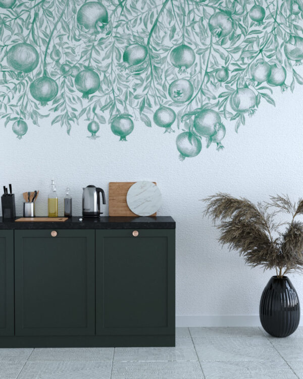 Фотообои искусство карандашом с изображением гранатов зеленого цвета на белом фоне на кухне