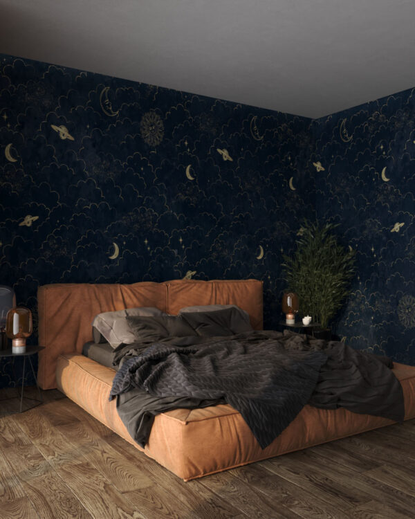 Дизайнерские обои луна, солнце и планеты – золотые иллюстрации в минималистическом стиле на тёмном фоне в спальной комнате