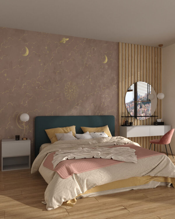 Дизайнерські шпалери місяць, сонце і планети - золоті ілюстрації в мінімалістичному стилі в спальній кімнаті