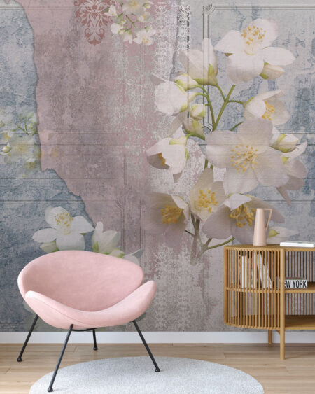 Дизайнерские обои 3д с цветами жасмина на винтажном фоне с текстурой панелей в гостиной