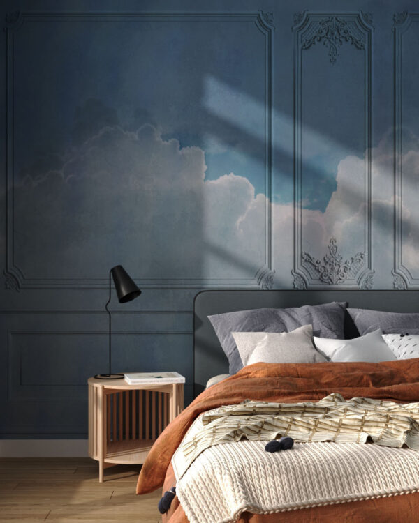 Обои 3д настенные панели в винтажном стиле с текстурой облаков в небе в спальне