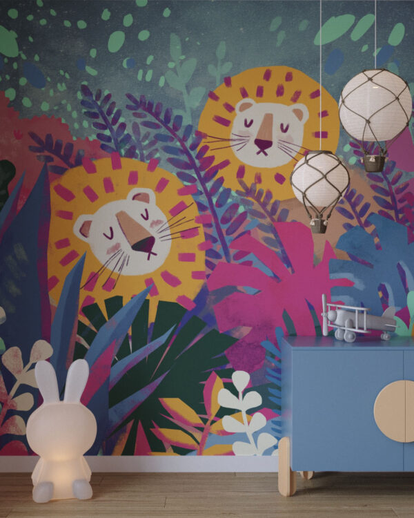 Фотошпалери леви в кольоровому тропічному листі у дитячій кімнаті