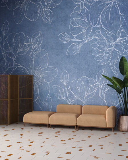 Обои цветы магнолия в графическом стиле с белым контуром на синем фоне в гостиной