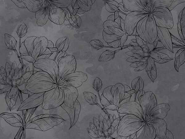 Шпалери квіти магнолії в стилі графіки чорним контуром на сірому тлі