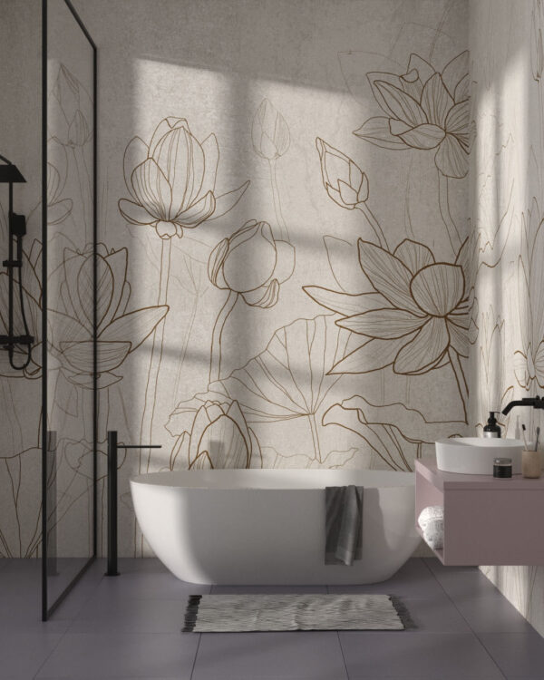 Обои водяные лилии в контурном стиле на светло-бежевом фоне в ванной