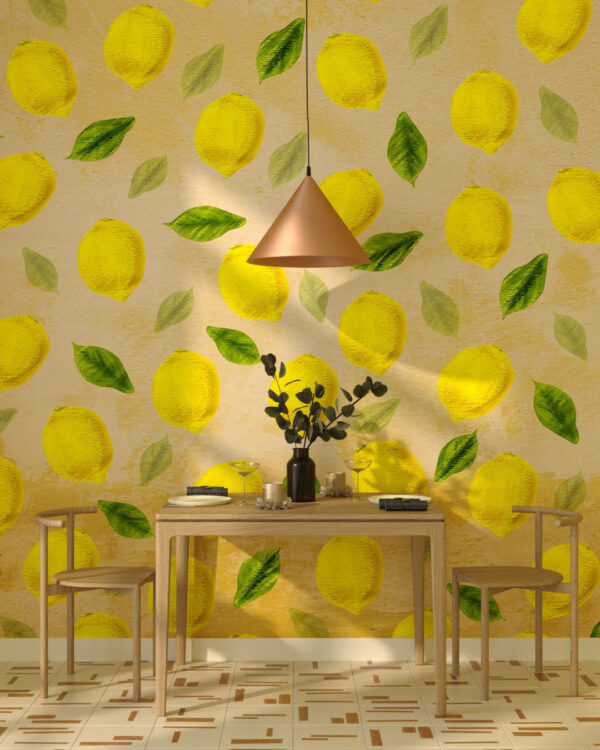 Обои с лимонами и листьями паттерн в графическом стиле на кухне