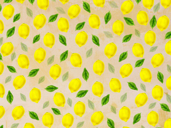 Обои с лимонами и листьями паттерн в графическом стиле