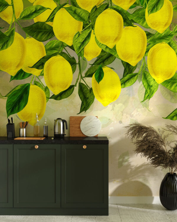 Обои лимоны в стиле графики с эффектом 3д на акварельном фоне на кухне