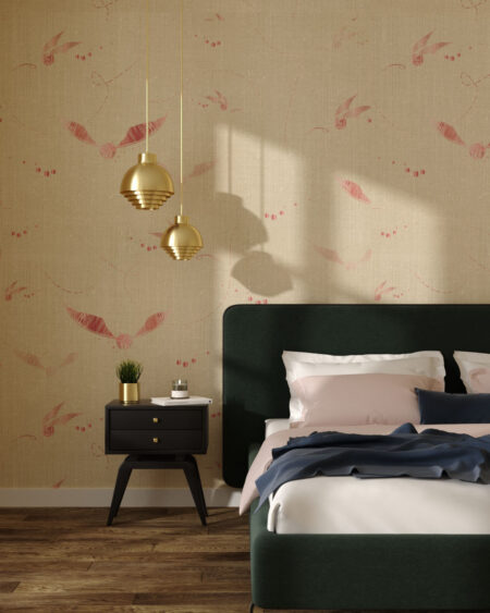 Фотообои снитчи с Гарри Поттера розового цвета паттерн на бежевом фоне в спальне
