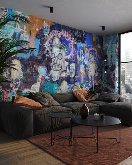 Фотообои граффити в стиле Баския паттерн в холодных цветах в гостиной