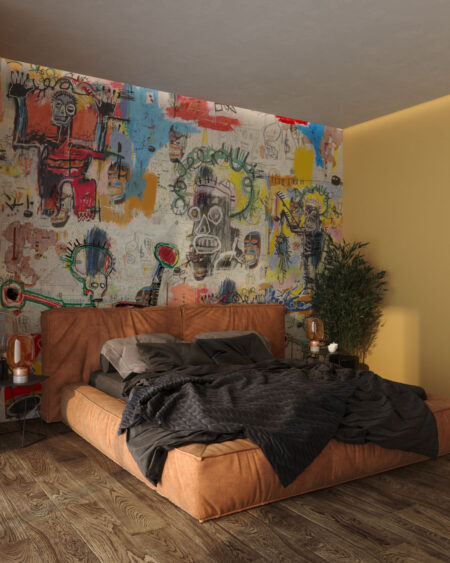 Фотообои граффити в стиле Баския паттерн с разноцветными рисунками в спальне
