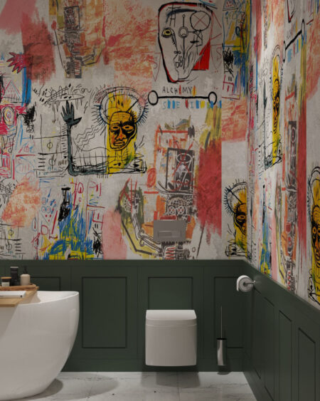 Фотошпалери графіті у стилі Баскія різнокольорові малюнки на світлому тлі у ванній кімнаті