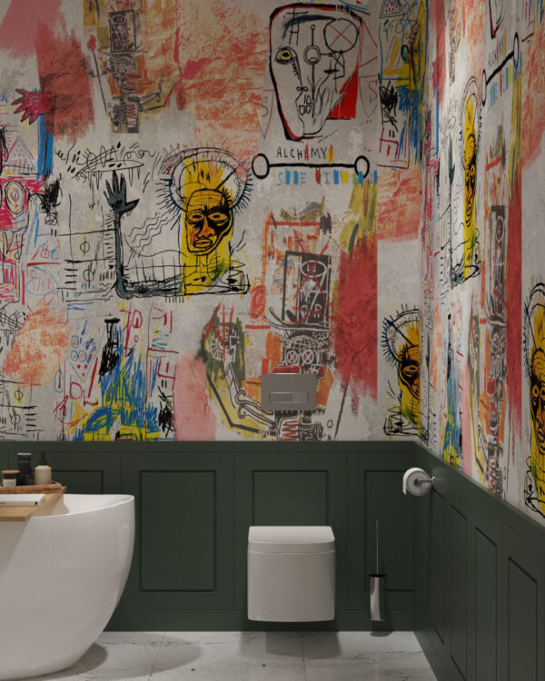 Фотошпалери графіті у стилі Баскія різнокольорові малюнки на світлому тлі у ванній кімнаті